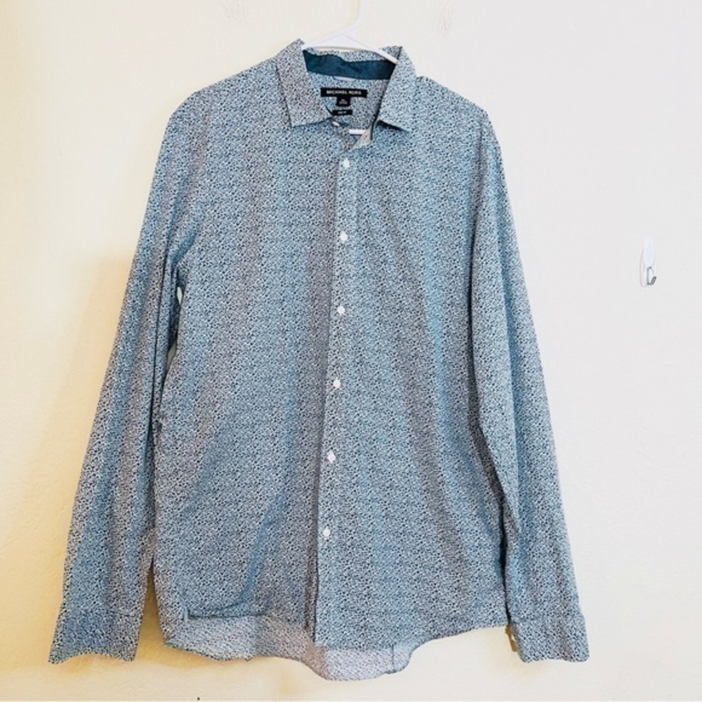 Michael Kors Men's Long Sleeve Button-Down Shirt in White and Navy Microprint